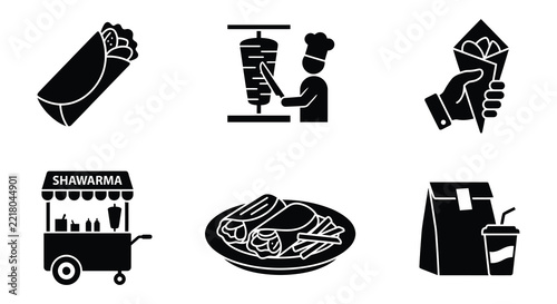 Shawarma set vector illustration depicting food preparation serving and takeout options kebab