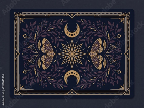 Decorative moth and crescent moon pattern printed on dark card
