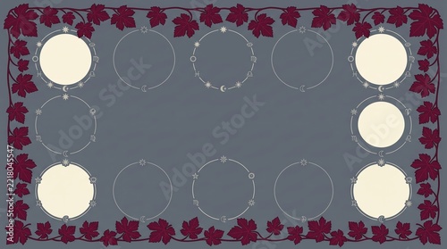 Table runner with grape leaf border and round plate spaces