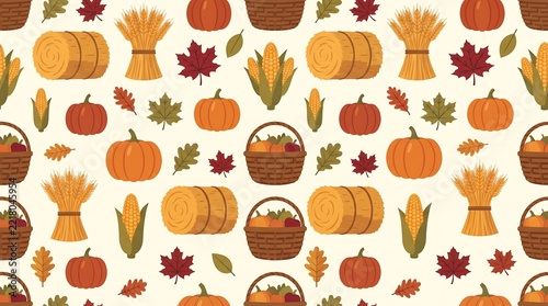 Seamless autumn harvest pattern featuring pumpkins, hay bales, wicker baskets, corn cobs, wheat sheaves, and maple leaves on a light background