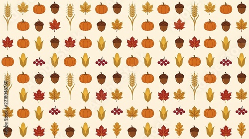 Seamless autumn harvest pattern featuring pumpkins, corn cobs, acorns, maple leaves, and wheat stalks