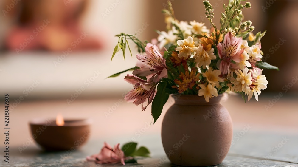Naklejka premium A rustic vase holds a delicate bouquet of pink and yellow flowers beside a small lit candle on a wooden surface
