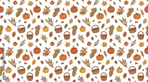 Festive autumn harvest seamless pattern with hand-drawn pumpkins, corn cobs, wheat stalks, baskets, acorns, and colorful leaves on white