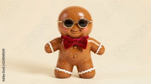 Cute gingerbread cookie figurine wearing sunglasses and a red bowtie  