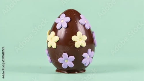 Chocolate Easter egg decorated with colorful flowers on a mint background  