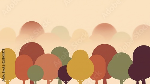 Modern vector autumn landscape with stylized geometric tree shapes in warm seasonal colors against a light gradient background