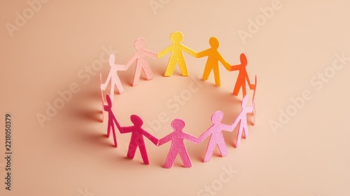 Paper people arranged in a circle symbolizing teamwork, unity and community. Creative business concept for collaboration, partnership, support and social connection.
