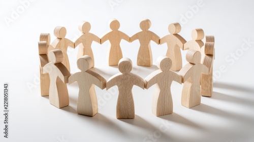 Wooden people figures representing teamwork, leadership and human connection. Business concept for team building, management, community and organizational development.