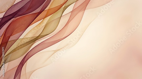 Abstract autumn background featuring translucent swirling ribbons in warm shades of burgundy, orange, and gold over a soft cream gradient