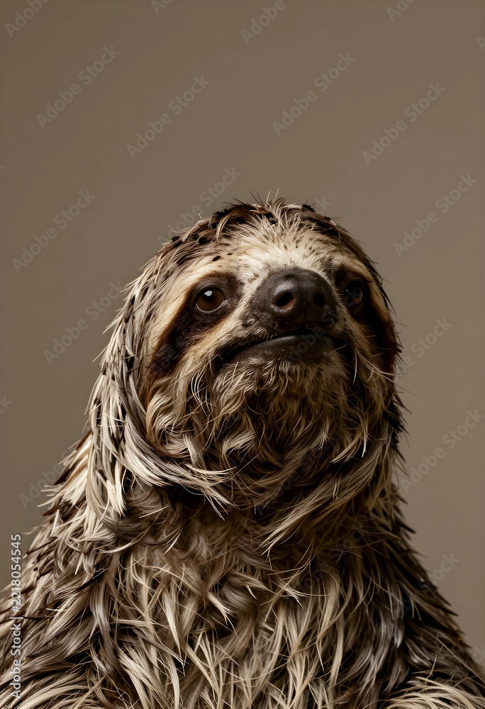 Naklejka premium Slow living and mindfulness concept, portrait of a three-toed sloth with wet fur looking up in a calm and peaceful expression on a neutral background