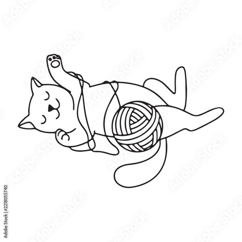 Cartoon cat lying on back playing with yarn ball