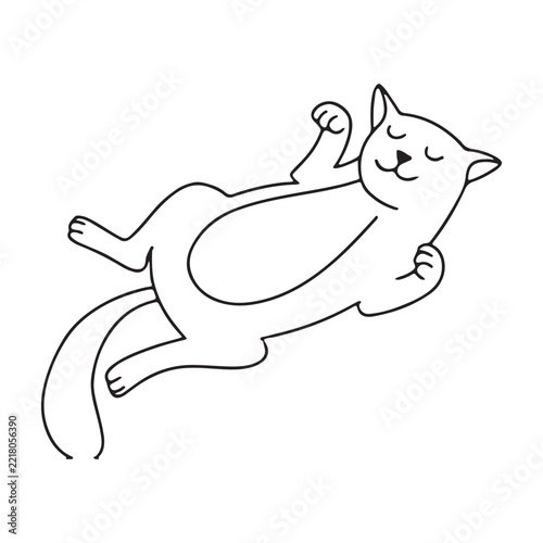 Relaxed cartoon cat lying on back stretching arms white line art