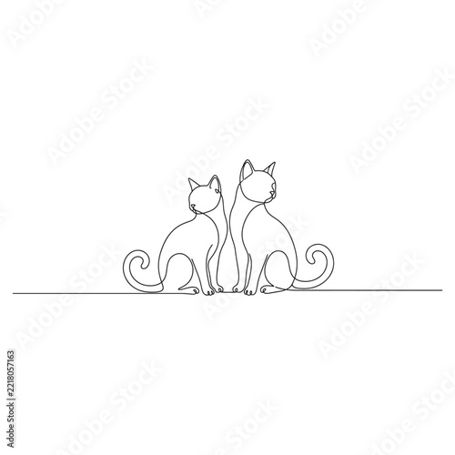 Two cats sitting side by side minimal line art illustration