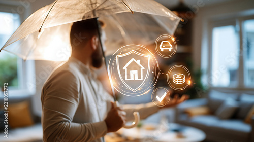 Rear view of a european man in a light shirt holding an open umbrella over floating house car and coin icons with a shield and checkmark in a bright home interior insurance coverage