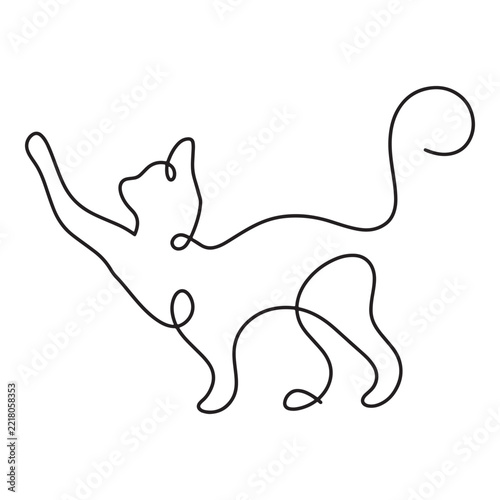 Minimalist continuous line drawing of a playful cat reaching up for a