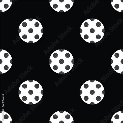 A monochrome seamless vector illustration featuring large white circles with dotted patterns on a black background.