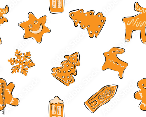 Scandinavian Christmas Gingerbread Seamless Pattern with Reindeer and Bunny