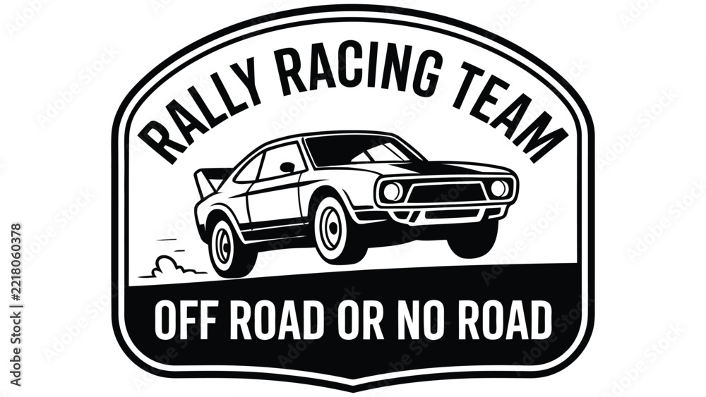 Obraz premium Rally racing team badge with a fast sports car jumping off-road, text off road or no road, isolated on a white background