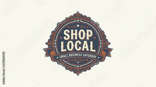 Vintage style badge with Shop Local Small Business Saturday text and decorative elements on off white background, vector graphic style