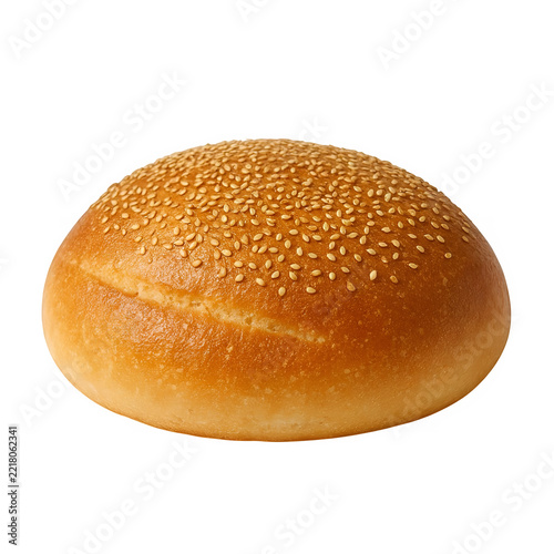 Fresh golden brown hamburger bun topped with sesame seeds as clean cutout