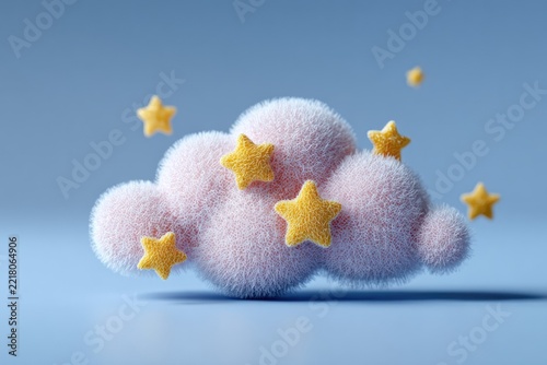 Dreamy kids background with soft 3D clouds and cute stars. Magical pastel scene ideal for nursery decor, baby showers, invitations and children’s designs.