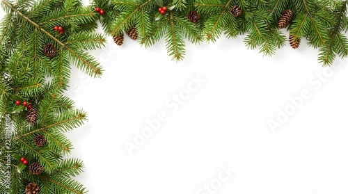 Lush green pine branches decorated with brown pinecones and red holly berries arranged nicely along the top and left edges creating a festive winter holiday frame layout on clean white background