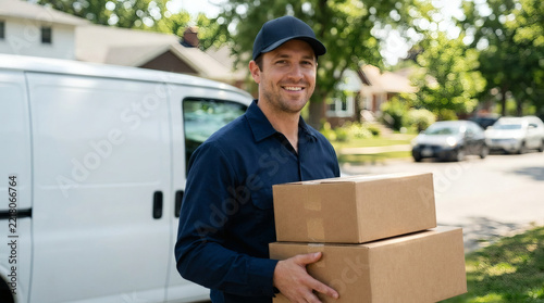 Smiling delivery man holding packages in front of a white van on a suburban street