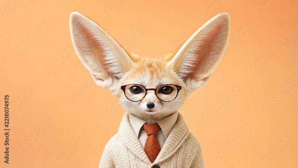 Fototapeta premium Fennec fox scholar looking at camera in a knitted cardigan and tie