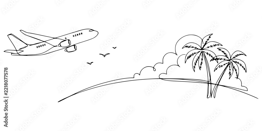 Fototapeta premium Airplane flying over tropical island with palm trees and birds in the sky line art drawing