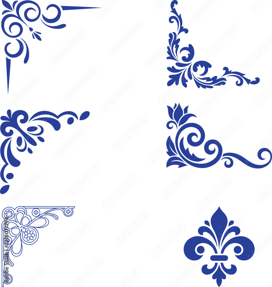 Naklejka premium Blue floral ornaments and corner flourishes vector illustration on white background