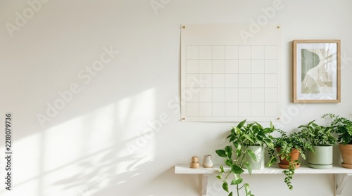 Blank wall calendar for planning on white wall with indoor plants and