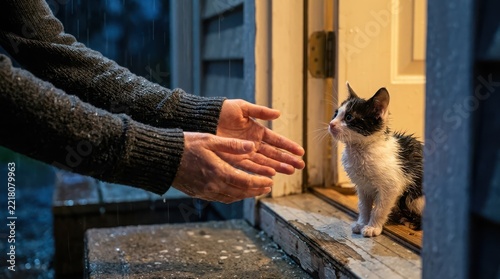 Person reaching out to a wet shivering kitten standing at the open