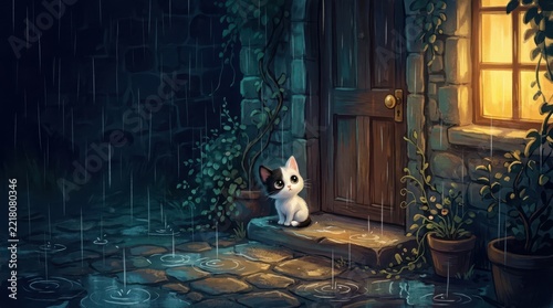 Small kitten sitting alone by a wooden door on a rainy night outside