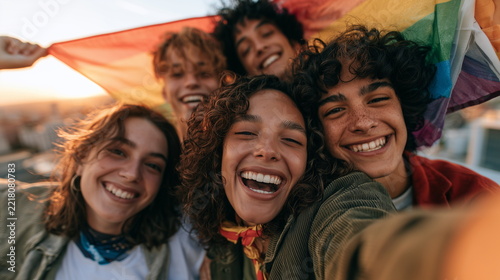 Diverse Gen Z Friends Taking Selfie with Pride Flag on Rooftop