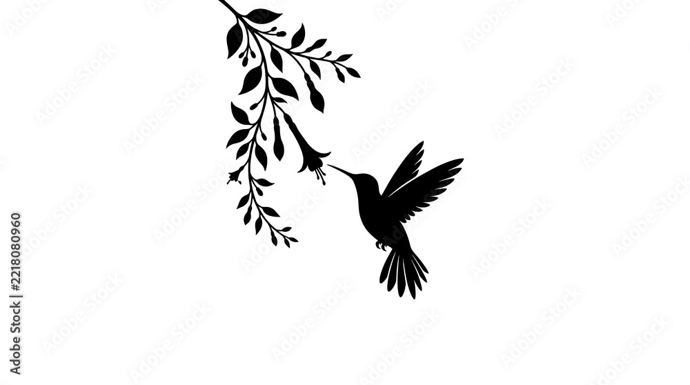 Fototapeta premium Graceful hummingbird in flight approaching a flowering plant, symbolizing pollination, nature, and delicate wildlife.