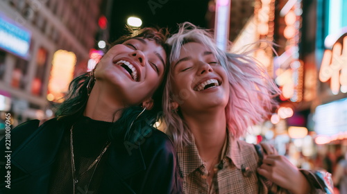 Two Young Lesbian Women Walking in Neon Lit City