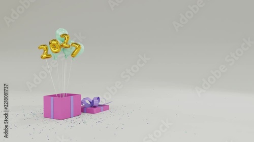 New Year 2027 Balloon Reveal from Gift Box Candy Pop Festive Celebration Animation with Copy Space.