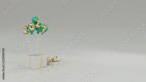 New Year 2027 Balloon Reveal from Gift Box Champagne Luxe Festive Celebration Animation with Copy Space.