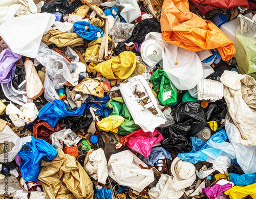Dirty trash and garbage, full frame, top view. AI