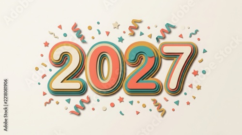 Colorful paper cut 2027 new year greeting card design with festive