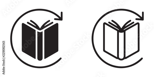 Book refresh icon set featuring circular arrow rotation styles for digital content updates and literacy apps.