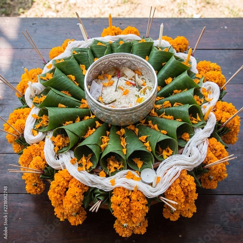 Traditional Lao Baci Ceremony Offering Tray With Marigold And Banana Leaves