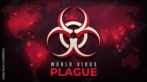 Epidemiology: Global plague outbreak warning with biohazard symbol over world map
