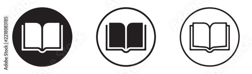 Minimalist open book icon collection in circular frames for academic platforms and digital library designs.