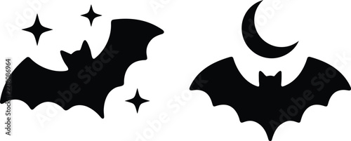 Halloween bat silhouette icons with moon and stars for spooky holiday