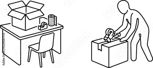 Person opening cardboard box with scissors and tape on office desk