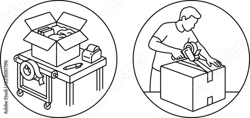 Warehouse worker packing cardboard boxes for shipping and logistics