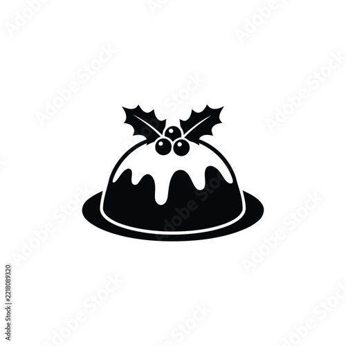Black Christmas pudding silhouette with holly leaves and berries, flat vector icon on white background for holiday designs, festive food symbol, and seasonal decoration concepts