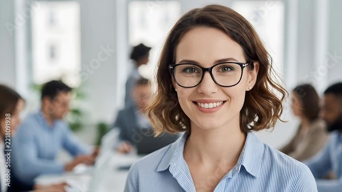 Professional businesswoman smiling in a modern corporate office meeting room