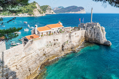 Gorgeous picturesque view on old medevial fortress on cliff in Petrovac, Montenegro